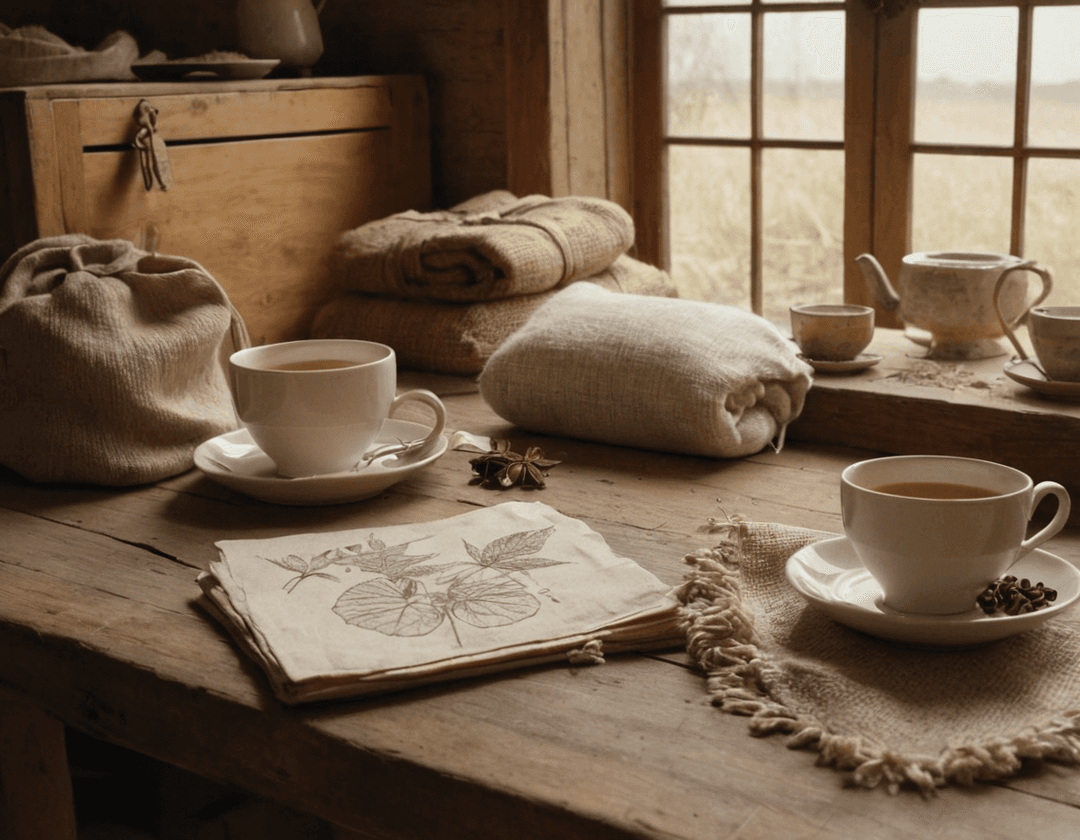 Rustic wooden table with bag sketches, hemp and cotton swatches, and a steaming teacup, symbolizing the planning phase of ethical sourcing.