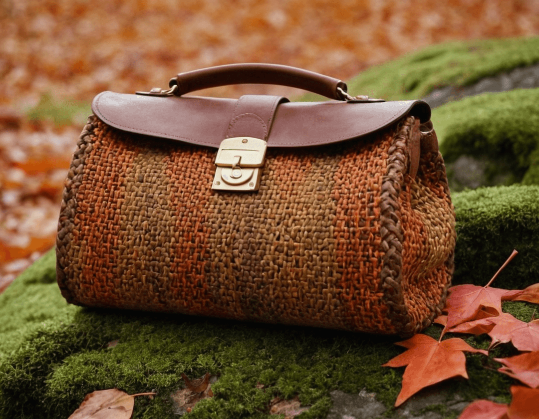 Woven handmade bag on a mossy stone, framed by autumn leaves, merging craft and nature.