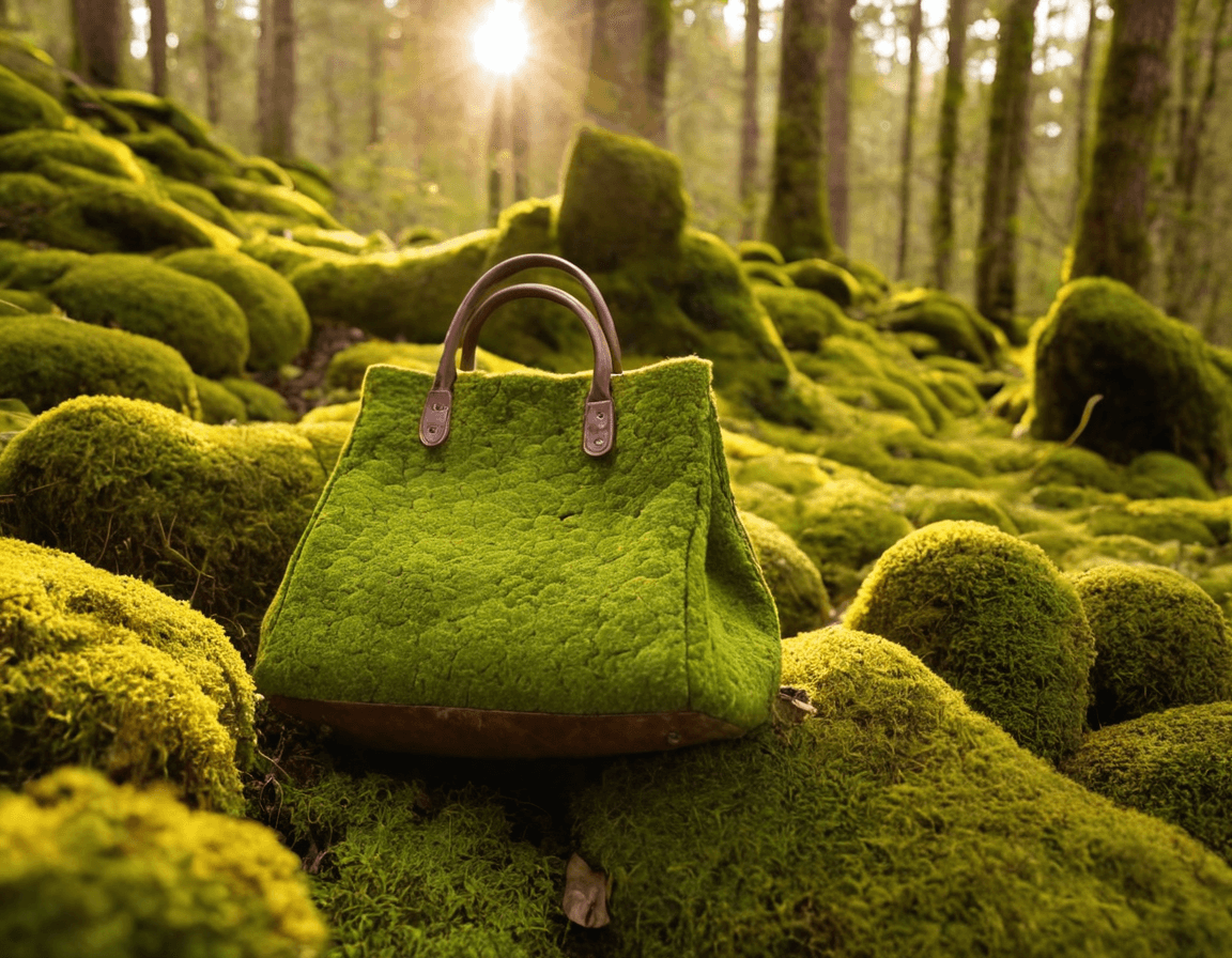 Vibrant abstract forest floor with green moss, colorful organic cotton scraps, and woven bag textures, symbolizing ethical fashion sourcing.