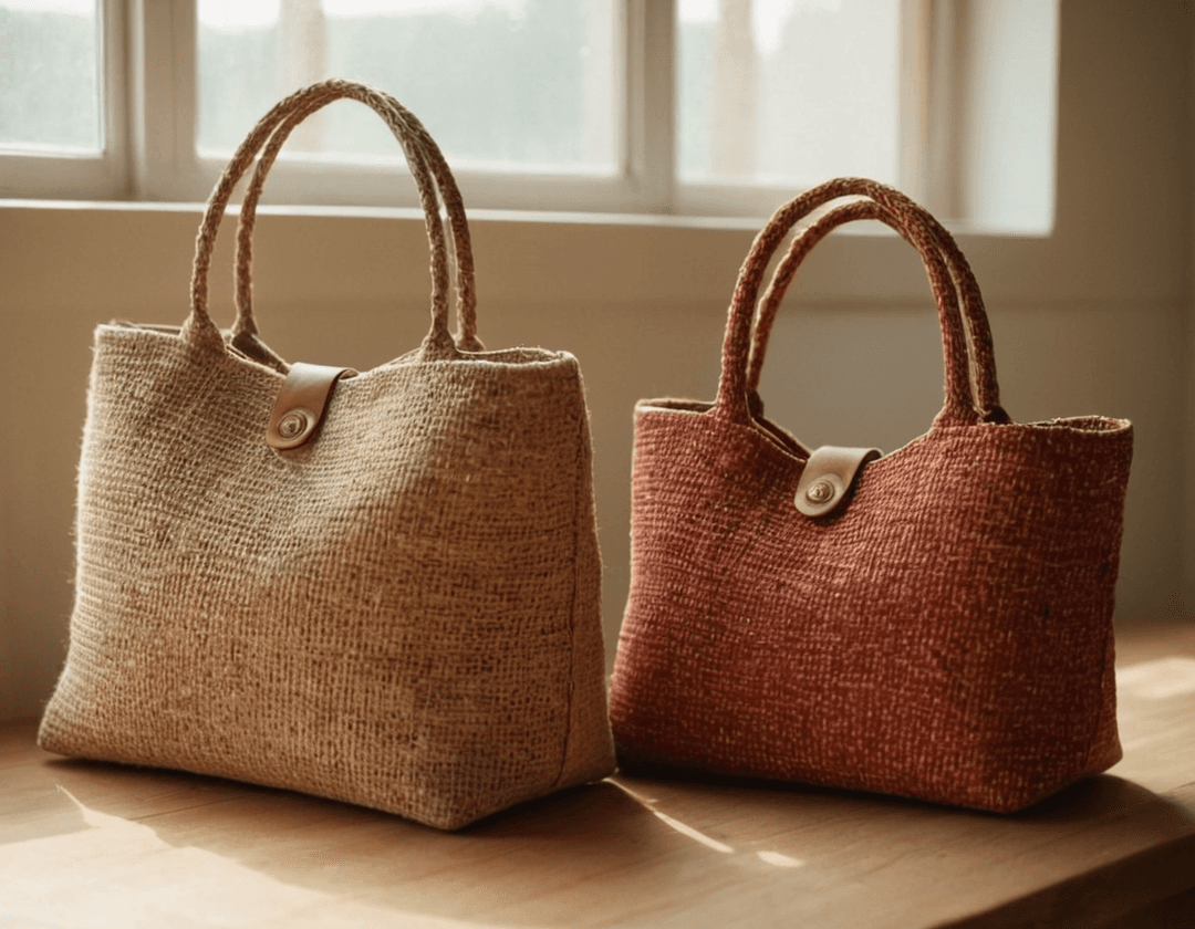 Two handmade bags—one woven with hemp, one embroidered with organic cotton—on a rustic wooden surface, showcasing ethical craftsmanship.