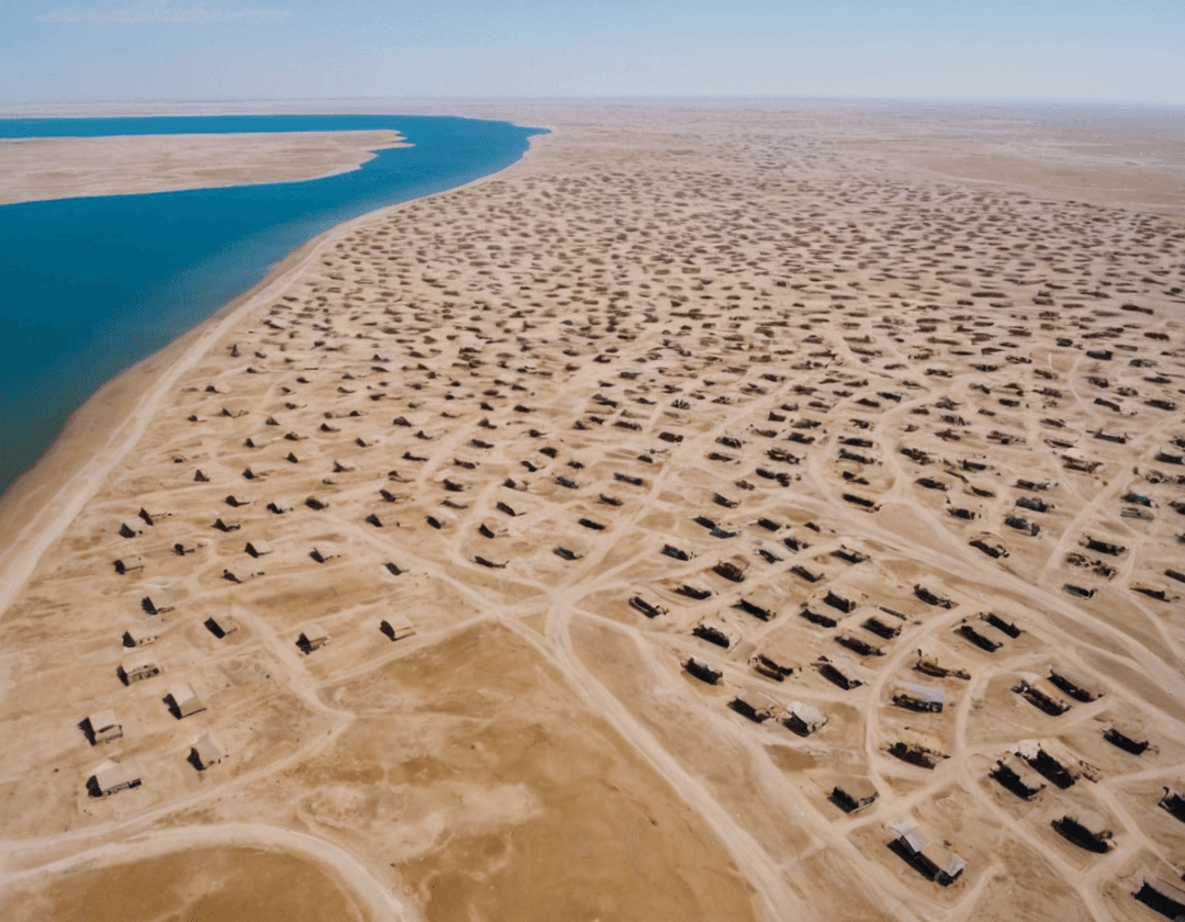 A desolate landscape of the dried-up Aral Sea, illustrating the consequences of excessive water diversion for agriculture.