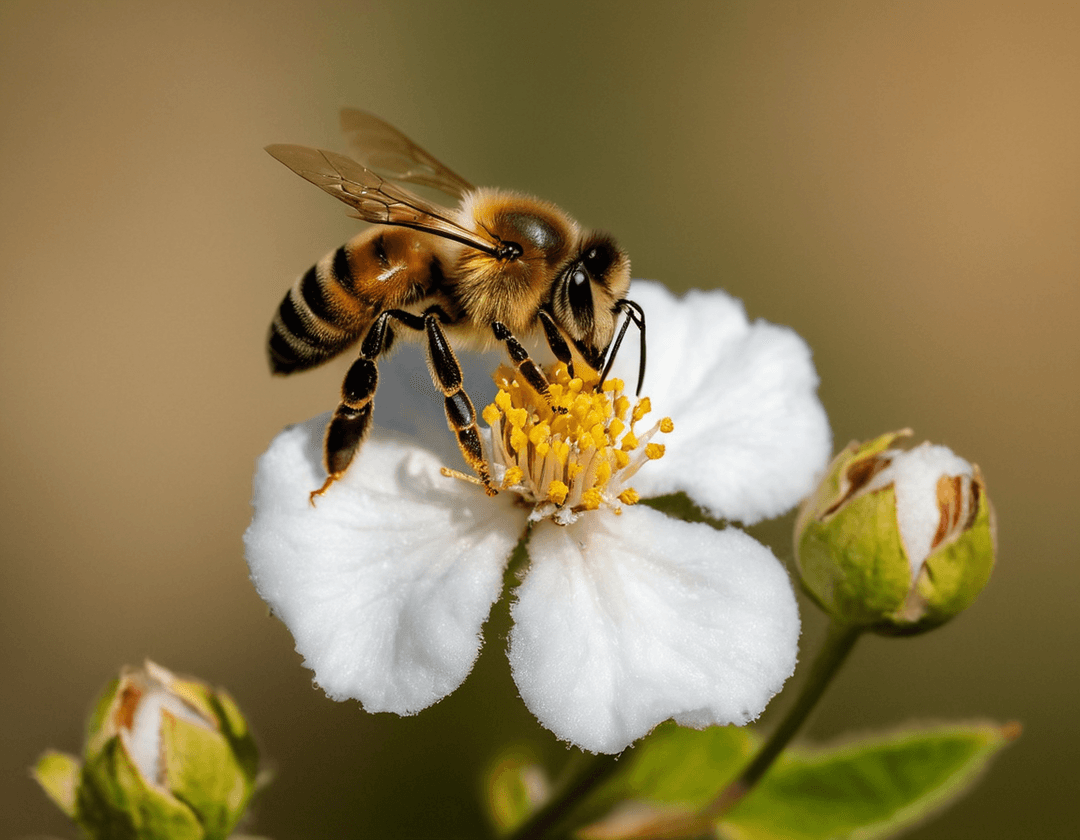 A bee on a cotton flower, highlighting the importance of pollinators and the threat posed by pesticides.