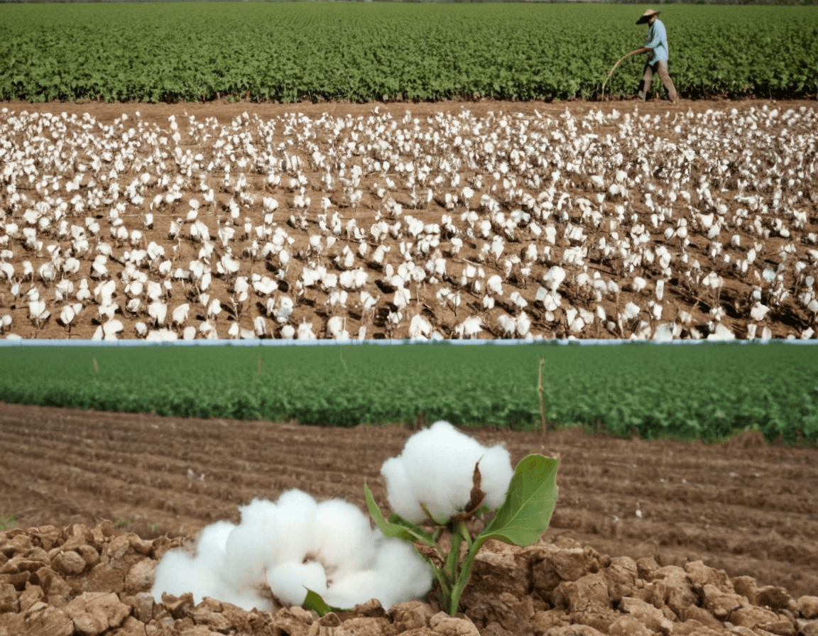 A split image showing the stark contrast between conventional and sustainable cotton farming.