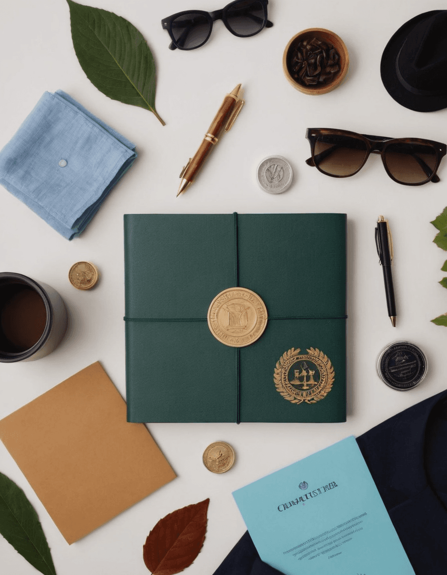 Elegant flat lay of a Fair Trade Certified tag, sustainable fabrics, and design tools, symbolizing ethical fashion certification.